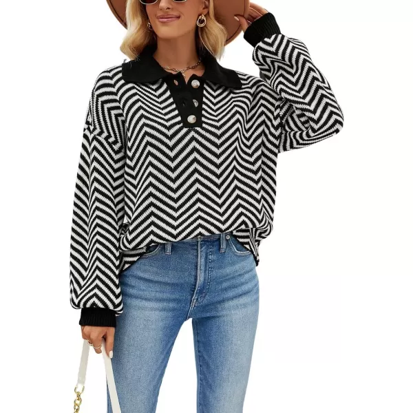 CHARTOU Women's Fashion Jumper Sweater Loose Fit Zigzag Long Sleeve Lapel Polo Collar Pullover
