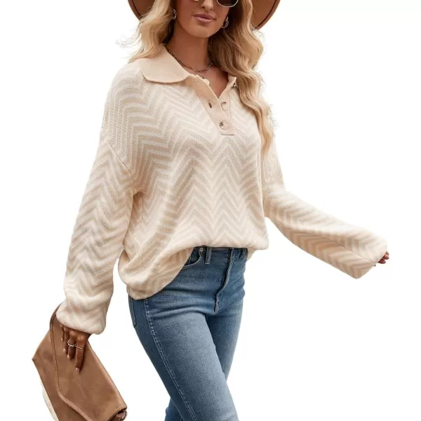 CHARTOU Women's Fashion Jumper Sweater Loose Fit Zigzag Long Sleeve Lapel Polo Collar Pullover