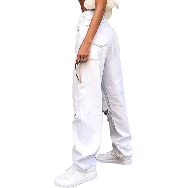 CHARTOU Women's Fashion Mid-Rise Destroyed Holes Loose Straight Leg Denim Jeans Pants
