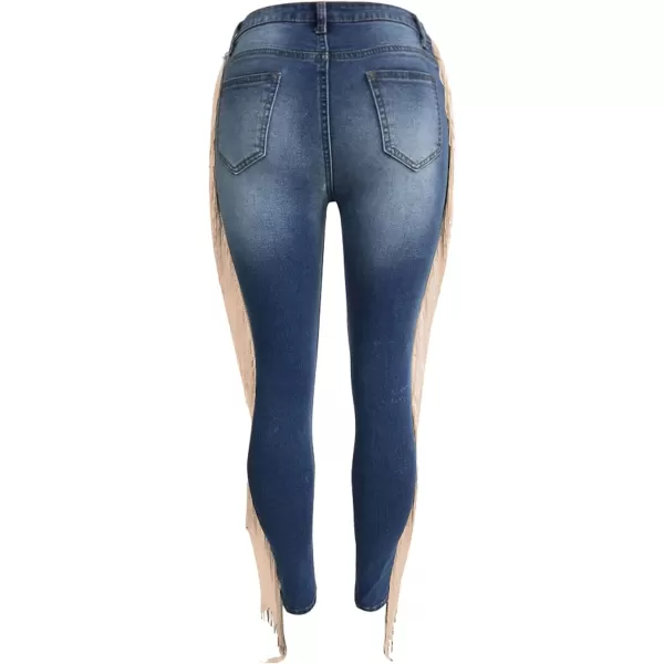 CHARTOU Women's High Rise Distressed Ripped Packaged Hip Tassel Fringe Denim Jean Pants Skinny Pants