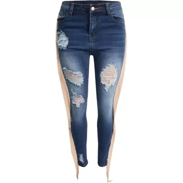 CHARTOU Women's High Rise Distressed Ripped Packaged Hip Tassel Fringe Denim Jean Pants Skinny Pants
