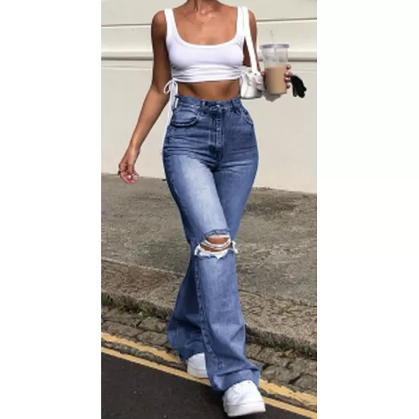 CHARTOU Women's High Waist Distressed Ripped Keyhole Wide Leg Jeans Flare Denim Pants