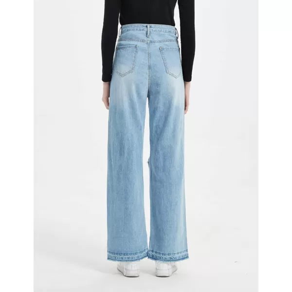 CHARTOU Women's High Waist Wide Leg Bootcut Washed Broken Distressed Fringed Ripped Long Jeans Denim Pants