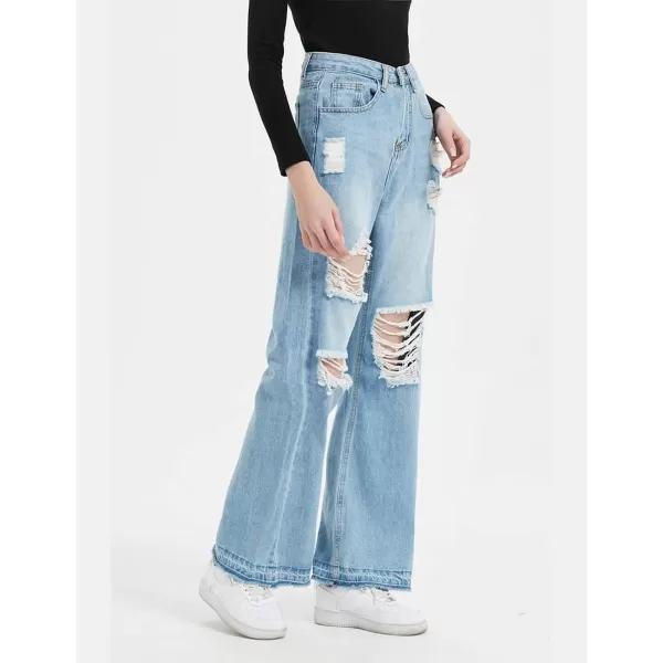 CHARTOU Women's High Waist Wide Leg Bootcut Washed Broken Distressed Fringed Ripped Long Jeans Denim Pants