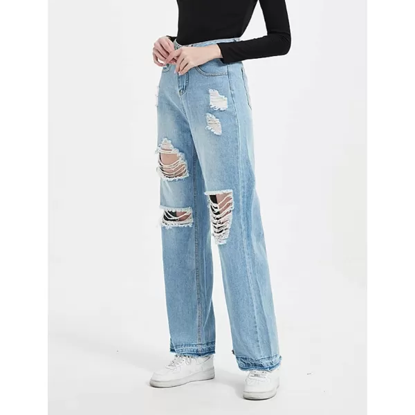 CHARTOU Women's High Waist Wide Leg Bootcut Washed Broken Distressed Fringed Ripped Long Jeans Denim Pants