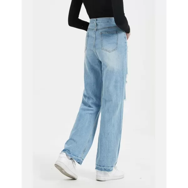 CHARTOU Women's High Waist Wide Leg Bootcut Washed Broken Distressed Fringed Ripped Long Jeans Denim Pants