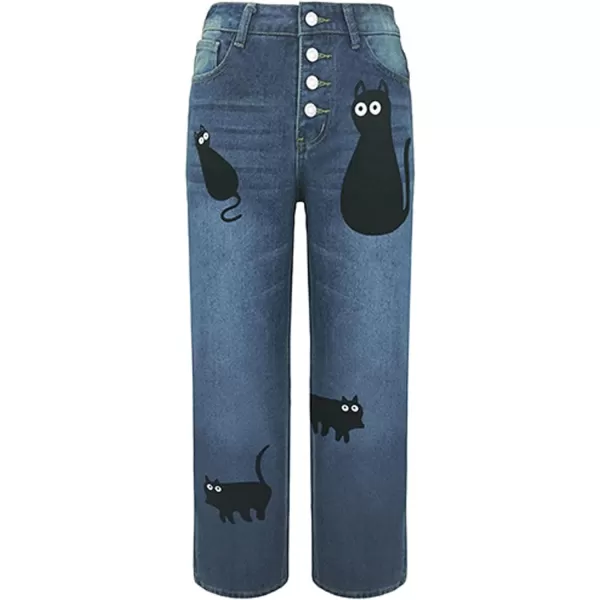 CHARTOU Women's Loose Button Roll Up Denim Jeans Pants Mid Waist Cat Print Baggy Cropped Pants