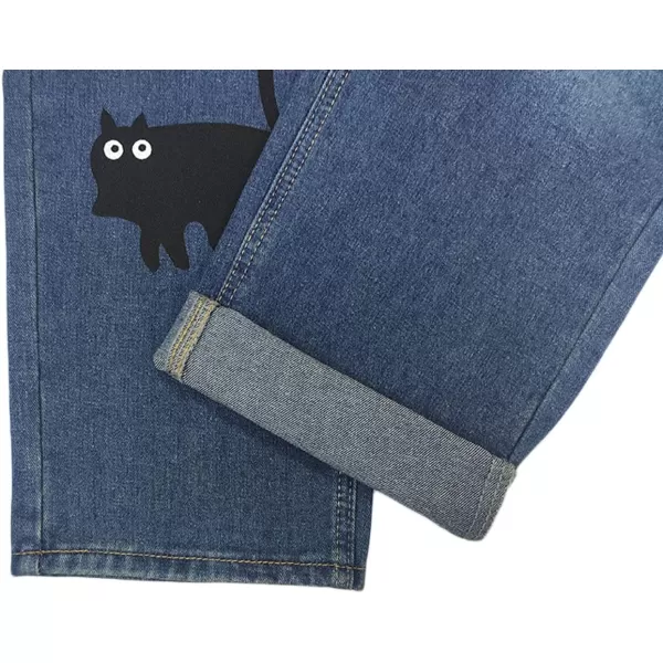 CHARTOU Women's Loose Button Roll Up Denim Jeans Pants Mid Waist Cat Print Baggy Cropped Pants