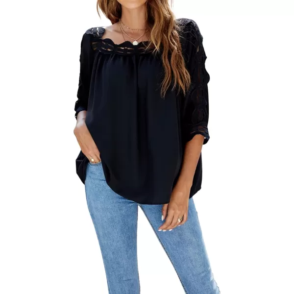 CHARTOU Women's Loose Lace Half Sleeve Ruffle Blouse Shirt Work Office Hollow Out Pullover Top