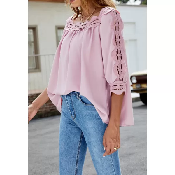 CHARTOU Women's Loose Lace Half Sleeve Ruffle Blouse Shirt Work Office Hollow Out Pullover Top