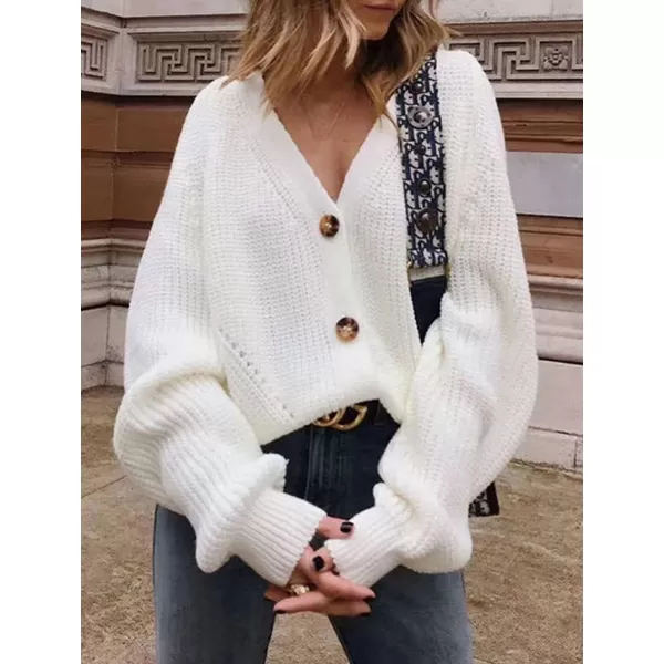 CHARTOU Women's Loose V Neck Lantern Sleeve Knit Ribbed Sweater Jacket Short Cardigan Knitwear