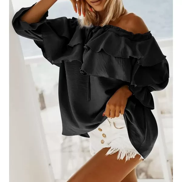 CHARTOU Women's Off Shoulder Bell Sleeve Ruffle Chiffon Blouse Shirt Pullover Top with Drawstring