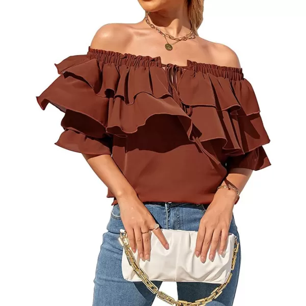CHARTOU Women's Off Shoulder Bell Sleeve Ruffle Chiffon Blouse Shirt Pullover Top with Drawstring