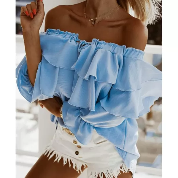 CHARTOU Women's Off Shoulder Bell Sleeve Ruffle Chiffon Blouse Shirt Pullover Top with Drawstring