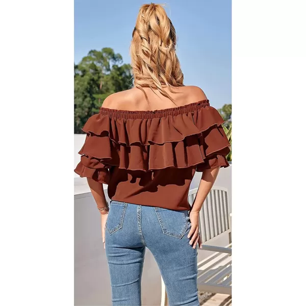 CHARTOU Women's Off Shoulder Bell Sleeve Ruffle Chiffon Blouse Shirt Pullover Top with Drawstring