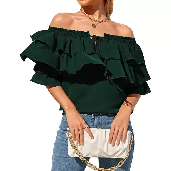 CHARTOU Women's Off Shoulder Bell Sleeve Ruffle Chiffon Blouse Shirt Pullover Top with Drawstring