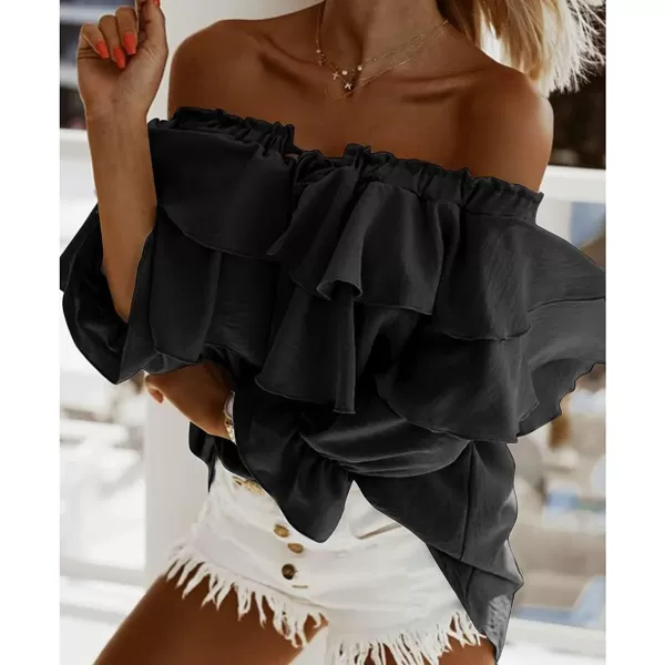 CHARTOU Women's Off Shoulder Bell Sleeve Ruffle Chiffon Blouse Shirt Pullover Top with Drawstring