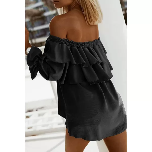 CHARTOU Women's Off Shoulder Bell Sleeve Ruffle Chiffon Blouse Shirt Pullover Top with Drawstring