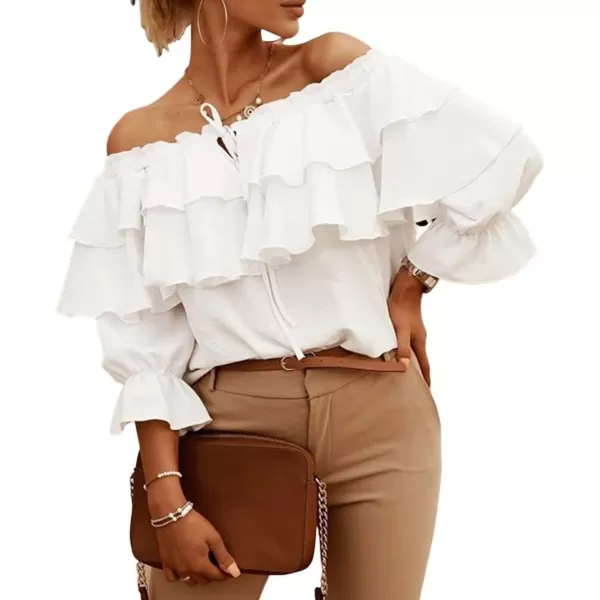 CHARTOU Women's Off Shoulder Bell Sleeve Ruffle Chiffon Blouse Shirt Pullover Top with Drawstring