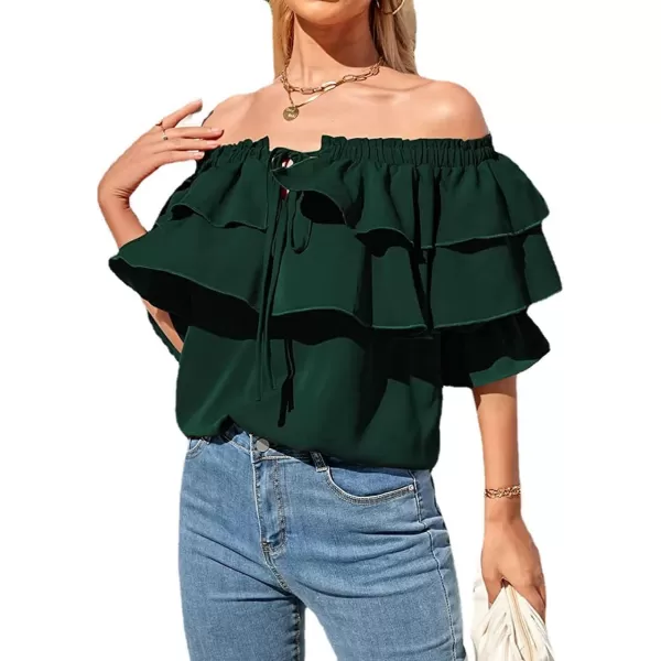 CHARTOU Women's Off Shoulder Bell Sleeve Ruffle Chiffon Blouse Shirt Pullover Top with Drawstring