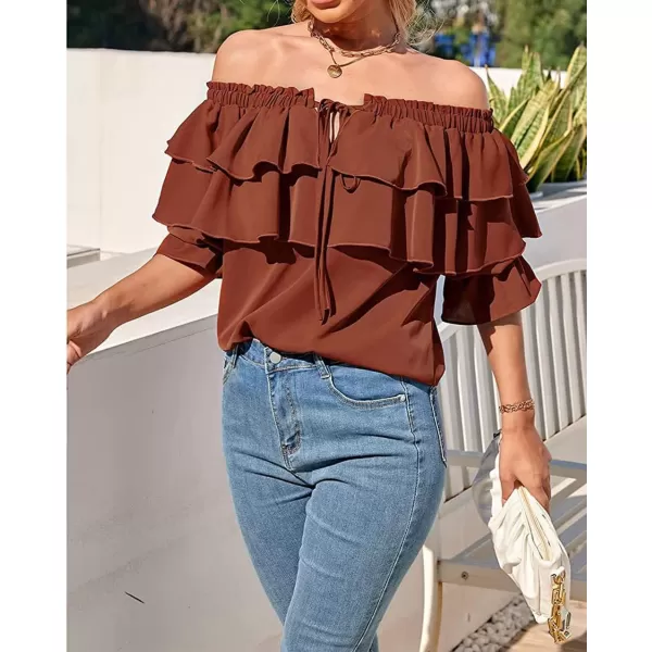 CHARTOU Women's Off Shoulder Bell Sleeve Ruffle Chiffon Blouse Shirt Pullover Top with Drawstring