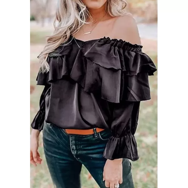 CHARTOU Women's Off Shoulder Bell Sleeve Ruffle Chiffon Blouse Shirt Pullover Top with Drawstring