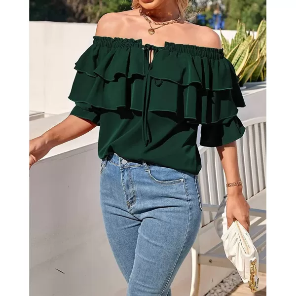 CHARTOU Women's Off Shoulder Bell Sleeve Ruffle Chiffon Blouse Shirt Pullover Top with Drawstring