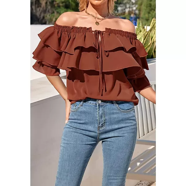 CHARTOU Women's Off Shoulder Bell Sleeve Ruffle Chiffon Blouse Shirt Pullover Top with Drawstring
