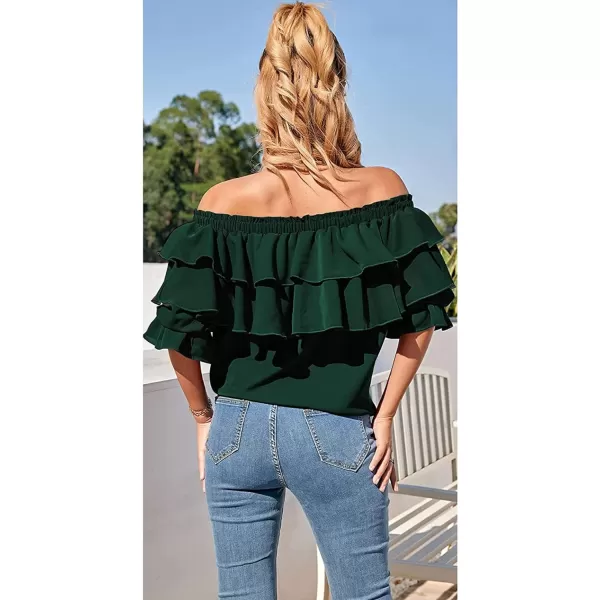CHARTOU Women's Off Shoulder Bell Sleeve Ruffle Chiffon Blouse Shirt Pullover Top with Drawstring