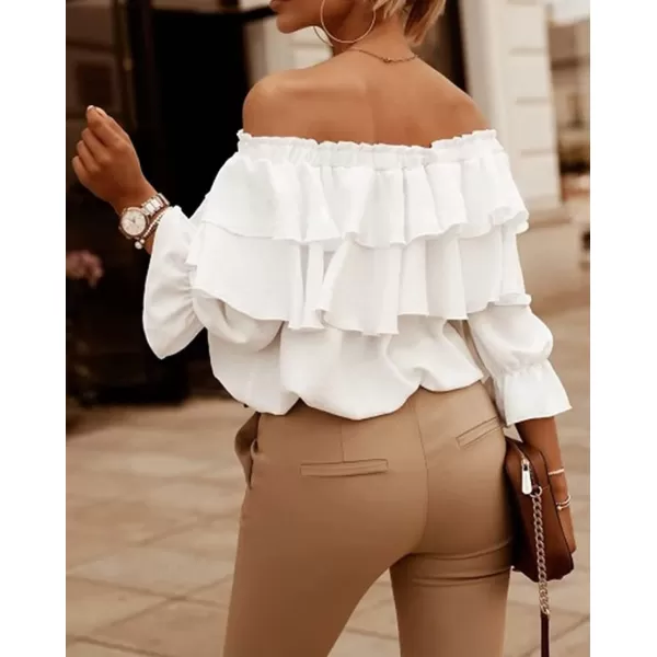 CHARTOU Women's Off Shoulder Bell Sleeve Ruffle Chiffon Blouse Shirt Pullover Top with Drawstring
