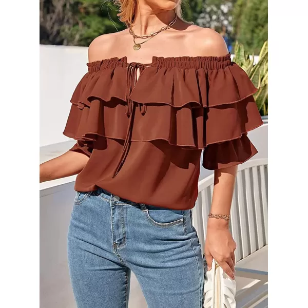 CHARTOU Women's Off Shoulder Bell Sleeve Ruffle Chiffon Blouse Shirt Pullover Top with Drawstring