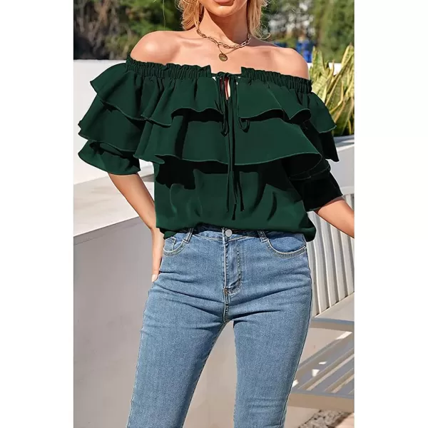 CHARTOU Women's Off Shoulder Bell Sleeve Ruffle Chiffon Blouse Shirt Pullover Top with Drawstring