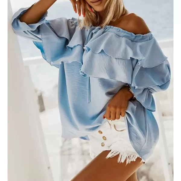 CHARTOU Women's Off Shoulder Bell Sleeve Ruffle Chiffon Blouse Shirt Pullover Top with Drawstring