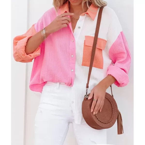 CHARTOU Women's Oversized Color Block Button Down Shirt Drop Long Sleeve Shirt Blouse