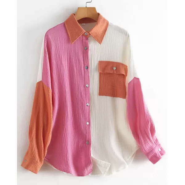 CHARTOU Women's Oversized Color Block Button Down Shirt Drop Long Sleeve Shirt Blouse