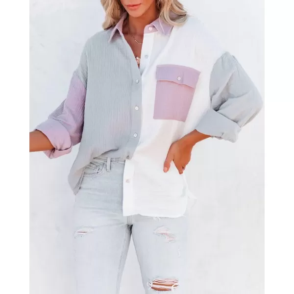 CHARTOU Women's Oversized Color Block Button Down Shirt Drop Long Sleeve Shirt Blouse