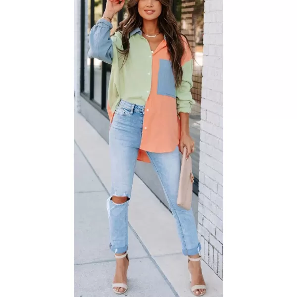 CHARTOU Women's Oversized Color Block Button Down Shirt Drop Long Sleeve Shirt Blouse
