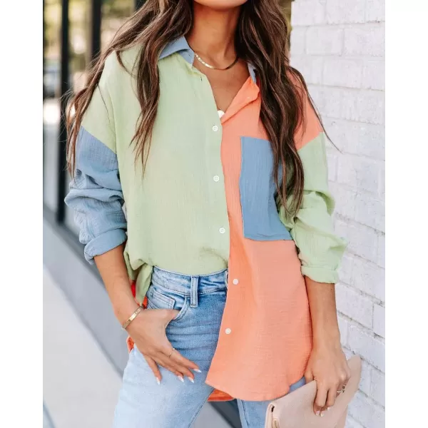 CHARTOU Women's Oversized Color Block Button Down Shirt Drop Long Sleeve Shirt Blouse