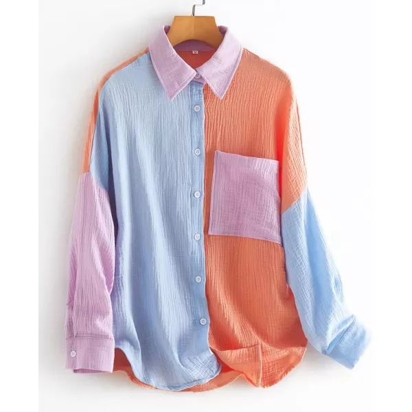 CHARTOU Women's Oversized Color Block Button Down Shirt Drop Long Sleeve Shirt Blouse