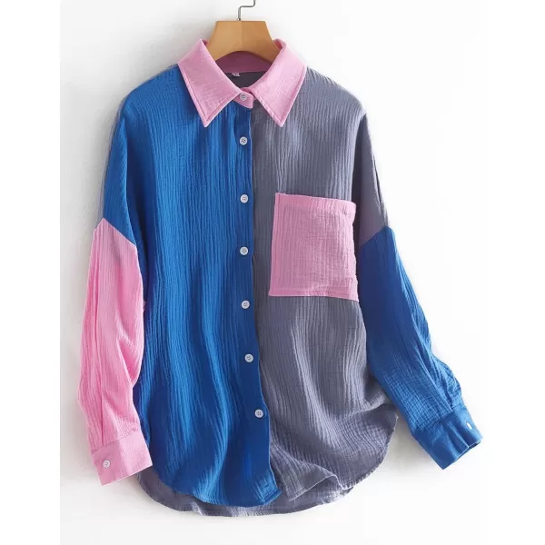 CHARTOU Women's Oversized Color Block Button Down Shirt Drop Long Sleeve Shirt Blouse