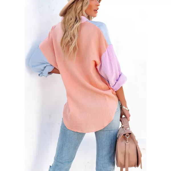 CHARTOU Women's Oversized Color Block Button Down Shirt Drop Long Sleeve Shirt Blouse