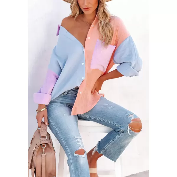 CHARTOU Women's Oversized Color Block Button Down Shirt Drop Long Sleeve Shirt Blouse