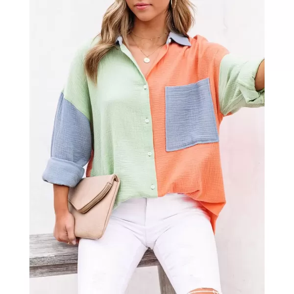 CHARTOU Women's Oversized Color Block Button Down Shirt Drop Long Sleeve Shirt Blouse