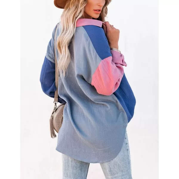 CHARTOU Women's Oversized Color Block Button Down Shirt Drop Long Sleeve Shirt Blouse