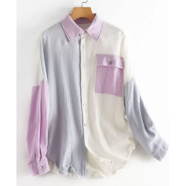 CHARTOU Women's Oversized Color Block Button Down Shirt Drop Long Sleeve Shirt Blouse