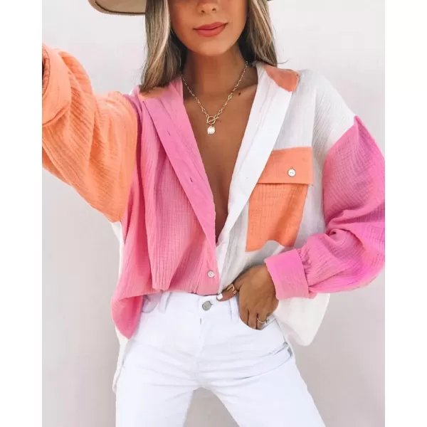 CHARTOU Women's Oversized Color Block Button Down Shirt Drop Long Sleeve Shirt Blouse
