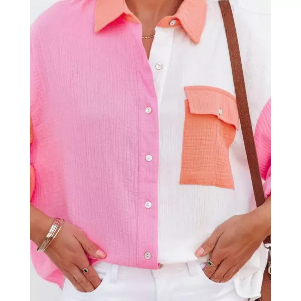 CHARTOU Women's Oversized Color Block Button Down Shirt Drop Long Sleeve Shirt Blouse