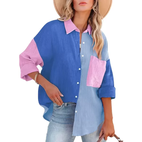 CHARTOU Women's Oversized Color Block Button Down Shirt Drop Long Sleeve Shirt Blouse