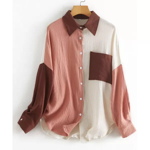 CHARTOU Women's Oversized Color Block Button Down Shirt Drop Long Sleeve Shirt Blouse