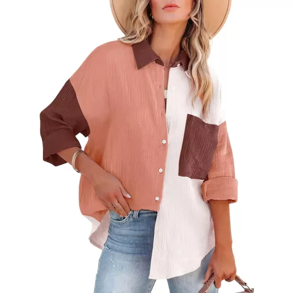 CHARTOU Women's Oversized Color Block Button Down Shirt Drop Long Sleeve Shirt Blouse